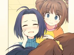 Rule 34 | 2girls, :3, ahoge, asterisk (asterism), blue eyes, blue hair, brown hair, cutting hair, closed eyes, hand on own cheek, hand on own face, idolmaster, idolmaster (classic), mirror, miura azusa, multiple girls, open mouth, reflection, scissors, takatsuki yayoi, twintails
