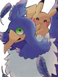Rule 34 | animal focus, artist name, beak, blue feathers, colored sclera, colored skin, commentary request, cramorant, creatures (company), dot nose, feathers, game freak, gen 1 pokemon, gen 8 pokemon, green sclera, hanabusaoekaki, highres, nintendo, no humans, pikachu, pokemon, pokemon (creature), solid circle eyes, solid oval eyes, tail, v-shaped eyebrows, white background, white fur, yellow skin