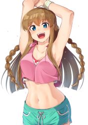 Rule 34 | 1girl, :d, aqua shorts, armpits, arms up, bare arms, bare shoulders, blue eyes, blush, braid, breasts, brown hair, collarbone, commentary request, cowboy shot, crop top, crop top overhang, idolmaster, idolmaster million live!, kamille (vcx68), kousaka umi, long hair, looking at viewer, medium breasts, midriff, navel, open mouth, pink shirt, polka dot, shirt, short shorts, shorts, sidelocks, simple background, sleeveless, sleeveless shirt, smile, solo, sparkle, stomach, twin braids, undershirt, white background, wristband
