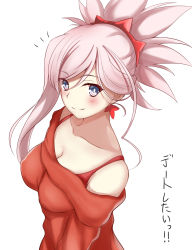 Rule 34 | alternate costume, asymmetrical hair, blue eyes, blush, breasts, casual, cleavage, collarbone, contemporary, earrings, fate/grand order, fate (series), hair ornament, highres, japanese text, jewelry, large breasts, leaf print, looking at viewer, miyamoto musashi (fate), nagishy, pink hair, ponytail, simple background, sweater, translated, white background