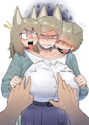 3girls animal_ears blush brown_hair cerberus collar collarbone collared_shirt conjoined dog_ears dog_girl droopy_ears highres long_sleeves maikamiaka multiple_girls multiple_heads original pov pov_hands sharp_teeth shirt short_hair sweat sweater teeth tongue tongue_out turn_pale white_background