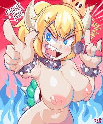 Rule 34 | 1girl, \m/, bowsette, breasts, crown, english text, fire, highres, horns, large breasts, mario (series), microphone, new super mario bros. u deluxe, nintendo, nipples, nude, pointing, pointing at viewer, ponytail, sharp teeth, shell, smile, speech bubble, super crown, teeth, text focus