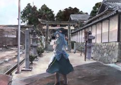 Rule 34 | 1girl, architecture, blue hair, boots, east asian architecture, fence, food, fruit, hat, highres, hinanawi tenshi, ichiba youichi, long hair, name connection, peach, photo-referenced, puffy short sleeves, puffy sleeves, real world location, road, sash, shirt, short sleeves, skirt, solo, stone lantern, street, torii, touhou, town, tree, wooden fence