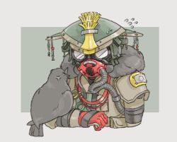 Rule 34 | 1other, anger vein, animal on arm, animification, apex legends, bird, bird on arm, bloodhound (apex legends), border, brown jacket, cable, crown, fur trim, gloves, goggles, grey border, helmet, jacket, open mouth, outside border, rebreather, red gloves, shimijimi, solo, upper body
