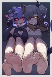 Rule 34 | 2girls, bare shoulders, barefoot, black gloves, black nails, blue hair, blush, brown gloves, cleavage cutout, closed mouth, clothing cutout, elbow gloves, feet, fingerless gloves, flower, foot focus, foreshortening, gloves, grey hair, hair flower, hair ornament, heart, heart cutout, highres, horns, k-rha&#039;s, looking at viewer, multiple girls, nail polish, open mouth, original, red eyes, sarashi, single horn, smile, soles, tail, teeth, toenail polish, toenails, toes, upper teeth only, w, yellow eyes
