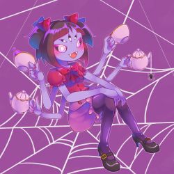 Rule 34 | 1girl, arthropod girl, boots, colored skin, extra arms, extra eyes, high heels, highres, insect girl, monster girl, muffet, puffy short sleeves, puffy sleeves, purple skin, short sleeves, smile, solo, spider girl, tea, teapot, thighhighs, undertale