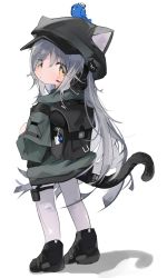 Rule 34 | 1girl, aged down, animal, animal ear headwear, animal ears, animal on head, animalization, arknights, backpack, bag, bird, black footwear, boots, brown eyes, cat ears, cat girl, cat tail, ceylon (arknights), child, commentary, expressionless, fake animal ears, from behind, full body, grey hair, grey hat, grey jacket, hands in pockets, hat, headset, highres, jacket, long hair, looking back, mikozin, on head, pantyhose, schwarz (arknights), simple background, solo, symbol-only commentary, tail, thigh strap, white background, white pantyhose