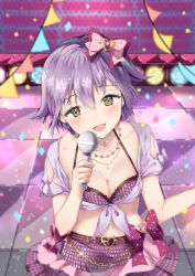 Rule 34 | 1girl, :d, blurry, blurry background, blush, bound, bow, bra, breasts, brown eyes, cleavage, collarbone, hair between eyes, hair bow, head tilt, heart, highres, holding, holding microphone, idolmaster, idolmaster cinderella girls, idolmaster cinderella girls starlight stage, kkumon, koshimizu sachiko, looking at viewer, medium breasts, microphone, miniskirt, open mouth, pink bow, purple bra, purple hair, purple skirt, short hair, skirt, smile, solo, sparkle, stage, tied up, underwear