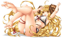 Rule 34 | 1girl, ahoge, anila (granblue fantasy), arm up, ass, bare legs, barefoot, bikini, blonde hair, blunt bangs, breasts, brown eyes, cameltoe, cleavage, draph, full body, granblue fantasy, highres, horns, kamiya tomoe, large breasts, layered bikini, long hair, looking at viewer, lying, on back, open mouth, simple background, smile, solo, swimsuit, thigh strap, toes, underboob, very long hair, white background