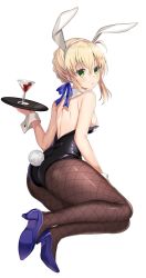Rule 34 | 1girl, alternate costume, animal ears, artoria pendragon (all), artoria pendragon (fate), ass, bad id, bad twitter id, bare shoulders, blue footwear, blue ribbon, braid, breasts, commentary request, drink, fake animal ears, fate/grand order, fate (series), fishnet pantyhose, fishnets, from behind, green eyes, harimoji, high heels, highres, holding, holding plate, leotard, looking at viewer, medium breasts, pantyhose, plate, playboy bunny, pumps, rabbit ears, rabbit tail, ribbon, saber (fate), shoes, short hair, solo, tail