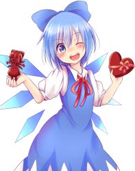 Rule 34 | 1girl, :d, ;d, blue dress, blue eyes, blue hair, blush, bow, box, chikuwa savy, chocolate, cirno, dress, gift, gift box, hair bow, head tilt, heart-shaped box, highres, ice, ice wings, looking at viewer, matching hair/eyes, one eye closed, open mouth, puffy short sleeves, puffy sleeves, shirt, short sleeves, smile, solo, teeth, touhou, valentine, wings