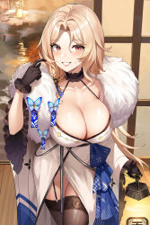 Rule 34 | 1girl, absurdres, black thighhighs, blonde hair, blush, breasts, cleavage, gaosu gong lu, goddess of victory: nikke, highres, indoors, japanese clothes, large breasts, long hair, looking at viewer, ludmilla (nikke), ludmilla (winter owner) (nikke), official alternate costume, onsen, parted bangs, parted lips, red eyes, smile, solo, thighhighs, thighs