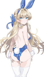 Rule 34 | 1girl, animal ears, ass, bare back, bare shoulders, blonde hair, blue archive, blue eyes, blue leotard, breasts, fake animal ears, fake tail, from behind, hei (tonarinohey), leotard, long hair, looking at viewer, looking back, medium breasts, official alternate costume, playboy bunny, rabbit ears, rabbit tail, sideboob, simple background, solo, tail, thighhighs, toki (blue archive), toki (bunny) (blue archive), white background, white thighhighs