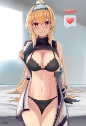 Rule 34 | 1girl, :p, blonde hair, blush, bolt action, bra, cowboy shot, gamryous, girls&#039; frontline, hair between eyes, hairband, high ponytail, highres, long hair, navel, panties, partially undressed, red eyes, sidelocks, sniper rifle, solo, sv-98, sv-98 (girls&#039; frontline), tongue, tongue out, underwear, very long hair