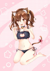 Rule 34 | 1girl, :d, absurdres, animal ears, bad id, bad pixiv id, bare arms, bare legs, bare shoulders, barefoot, bell, black bra, black panties, bow, bra, breasts, brown eyes, brown hair, cat ears, cat girl, cat lingerie, cat tail, cleavage, cleavage cutout, clenched hands, clothing cutout, collar, collarbone, fangs, female focus, hair bobbles, hair ornament, hands up, happy, highres, jingle bell, legs, lingerie, meme attire, midriff, navel, neck bell, open mouth, original, panties, paw pose, pink background, pink bow, qian chuan jiuli, ribbon, seiza, short hair, side-tie panties, sitting, small breasts, smile, solo, tail, twintails, underwear, yellow eyes