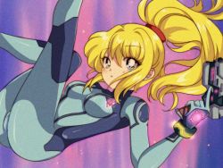 Rule 34 | 1990s (style), 1girl, blonde hair, blue eyes, bodysuit, commentary, english commentary, feet out of frame, gun, high ponytail, highres, komi shou, long hair, looking at viewer, metroid, multicolored background, nintendo, parody, ponytail, power suit, retro artstyle, samus aran, skin tight, solo, style parody, weapon, zero suit