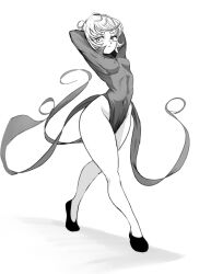 Rule 34 | 1girl, arms up, artist request, bare legs, breasts, collared dress, curly hair, curvy, dress, flipped hair, full body, highres, long sleeves, looking at viewer, monochrome, nipples, one-punch man, pelvic curtain, short hair, side slit, small breasts, stretching, tatsumaki, thighs, white background