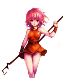 Rule 34 | 1990s (style), 1girl, bare shoulders, breasts, feet out of frame, female focus, final fantasy, final fantasy v, holding, holding staff, kara (color), legs, lenna charlotte tycoon, looking at viewer, medium breasts, orange shirt, orange skirt, pink eyes, pink hair, retro artstyle, shirt, short hair, simple background, skirt, sleeveless, solo, staff, standing, weapon, white shirt
