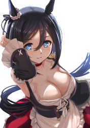 Rule 34 | 1girl, absurdres, animal ears, arm at side, arm behind head, armpits, bare shoulders, black corset, black hair, blue eyes, breasts, choker, cleavage, closed mouth, collarbone, corset, detached sleeves, dirndl, dress, ear ornament, eishin flash (umamusume), frilled dress, frills, from above, german clothes, hair between eyes, highres, horse ears, horse girl, horse tail, large breasts, long hair, looking at viewer, orangenashi, red choker, scrunchie, simple background, skirt, smile, solo, striped clothes, striped skirt, tail, tareme, umamusume, vertical-striped clothes, vertical-striped skirt, white background, white scrunchie, wide sleeves