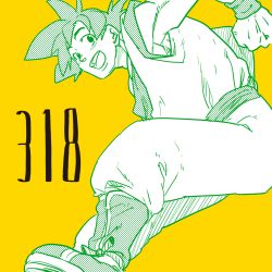 Rule 34 | 1boy, :d, black eyes, black hair, boots, dougi, dragon ball, dragonball z, fukuko fuku, happy, looking at viewer, male focus, monochrome, open mouth, simple background, smile, solo, son goku, spiked hair, wristband, yellow background