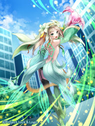 Rule 34 | 1girl, :d, backless outfit, black legwear, blue sky, building, cloud, copyright name, day, detached sleeves, flower, full body, garter straps, green footwear, green legwear, hair flower, hair ornament, high heels, holding, holding flower, koushi rokushiro, light brown hair, long hair, looking back, luck &amp; logic, nina alexandrovna, official art, open mouth, sky, smile, tree, twintails, watermark, wide sleeves