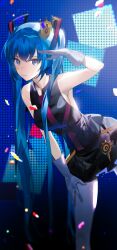 Rule 34 | 1girl, absurdres, arm up, bare shoulders, black shirt, black skirt, blue eyes, blue hair, breasts, commentary, confetti, crown, eggw0v0wegg, gloves, hair between eyes, hand on own thigh, hatsune miku, highres, kimagure mercy (vocaloid), korean commentary, leaning forward, long hair, medium breasts, mini crown, mixed-language commentary, pleated skirt, shirt, skirt, sleeveless, sleeveless shirt, solo, tilted headwear, twintails, very long hair, vocaloid, white gloves
