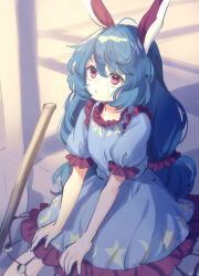 Rule 34 | 1girl, animal ears, blue dress, blue hair, closed mouth, commentary, crescent print, dress, frilled dress, frills, long hair, low twintails, rabbit ears, rabbit girl, red eyes, seiran (touhou), short sleeves, solo, star (symbol), star print, tomobe kinuko, touhou, twintails