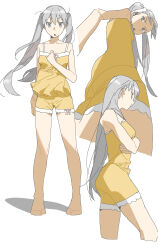 Rule 34 | 1girl, absurdres, arm under breasts, ass, bare shoulders, barefoot, camisole, collarbone, floating hair, from above, from side, full body, grey eyes, grey hair, hair ribbon, hand on own chest, highres, ichisannyonn, long hair, looking at viewer, looking away, looking down, monogatari (series), oikura sodachi, owarimonogatari, pajamas, ribbon, simple background, twintails, white background, yellow camisole