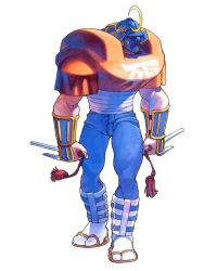 Rule 34 | 1990s (style), 1boy, bengus, black legwear, capcom, denim, dual wielding, final fight, full body, helmet, holding, holding weapon, jeans, male focus, muscular, official art, pants, retro artstyle, sandals, simple background, sodom, solo, standing, street fighter, street fighter zero (series), walking, weapon, white background