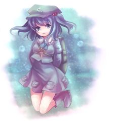 Rule 34 | 1girl, backpack, bad id, bad pixiv id, bag, blue eyes, blue hair, boots, female focus, hair bobbles, hair ornament, hat, kawashiro nitori, key, looking at viewer, matching hair/eyes, neme, skirt, solo, touhou, twintails, two side up