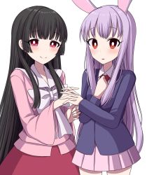 Rule 34 | 2girls, animal ears, arms up, black hair, blue coat, blunt bangs, blush, bow, bright pupils, coat, commentary request, hand on own chest, hime cut, holding hands, houraisan kaguya, interlocked fingers, jacket, light purple hair, long hair, looking at viewer, multiple girls, necktie, parted lips, pink eyes, pink shirt, pink skirt, pleated skirt, rabbit ears, red eyes, red neckwear, red skirt, reisen udongein inaba, shirt, simple background, skirt, smile, standing, suit jacket, touhou, tsukimirin, upper body, very long hair, white background, white bow, white pupils