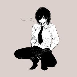 Rule 34 | 1girl, black hair, black pants, brown background, chainsaw man, cigarette, collared shirt, eyepatch, hair between eyes, hands in pockets, himeno (chainsaw man), legs apart, long sleeves, looking at viewer, necktie, one eye covered, pants, shirt, short hair, sleeves past elbows, smile, smoke, smoking, solo, squatting, tym kn, white shirt