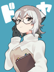 Rule 34 | 1girl, adjusting eyewear, book, brown eyes, commentary request, glasses, grey hair, grey sweater, highres, holding, holding book, kemono friends, long sleeves, looking at viewer, looking down, meerkat (kemono friends), meerkat ears, multicolored hair, short hair, smug, solo, sticky note, suicchonsuisui, sweater, two-tone hair, two-tone sweater, white hair