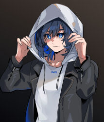 Rule 34 | 1girl, alternate costume, alternate hairstyle, black jacket, blue eyes, blue hair, bow, bow earrings, closed mouth, commentary, earrings, eyelashes, fongban illust, gradient background, hololive, hololive english, hood, hood up, hoodie, jacket, jewelry, looking at viewer, open clothes, open jacket, ouro kronii, short hair, solo, symbol-only commentary, upper body, virtual youtuber, white hoodie