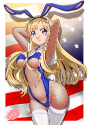 Rule 34 | 1girl, american flag, animal ears, arm up, armpits, arms behind head, arms up, bare shoulders, blonde hair, blue eyes, bow, bowtie, breasts, rabbit ears, rabbit tail, commentary request, double bun, fake animal ears, fishnets, fletcher (kancolle), kantai collection, large breasts, leotard, long hair, looking at viewer, moke ro, navel, playboy bunny, solo, strapless, strapless leotard, tail