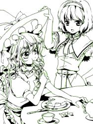 Rule 34 | 2girls, alice margatroid, cake, cup, eating, female focus, food, fork, green theme, hat, kirisame marisa, knife, monochrome, multiple girls, open mouth, pastry, plate, saucer, short hair, sitting, standing, table, teacup, teapot, touhou, youko (santarose)