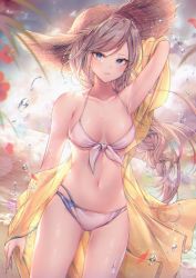 Rule 34 | 1girl, arm up, armpits, backlighting, bare shoulders, bikini, blue eyes, braid, breasts, brown hair, brown hat, cleavage, closed mouth, collarbone, cowboy shot, day, earrings, front-tie bikini top, front-tie top, halterneck, hat, highres, jacket, jewelry, long hair, looking at viewer, medium breasts, navel, off shoulder, original, outdoors, ozzingo, single braid, skindentation, solo, standing, stomach, straw hat, string bikini, sunlight, swimsuit, thighs, wet, white bikini, yellow jacket