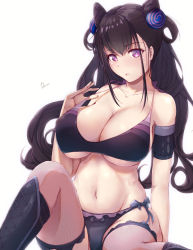 Rule 34 | arm at side, artist name, bare shoulders, belly, bikini, black bikini, black hair, boots, bow, bow bikini, breasts, bright pupils, cleavage, collarbone, curly hair, dermar, detached sleeves, double bun, fate/grand order, fate (series), feet out of frame, fishnet thighhighs, fishnets, frilled bikini, frills, hair bun, hair ornament, hair rings, hand up, highres, knee up, large breasts, long bangs, long hair, midriff, murasaki shikibu (fate), navel, open mouth, pulled by self, purple eyes, simple background, sitting, strap pull, swimsuit, thighhighs, white background
