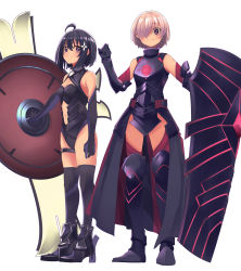 Rule 34 | 2girls, absurdres, ahoge, arm at side, armor, armored boots, black hair, blush, boots, closed mouth, commentary, cosplay, costume switch, crossover, elbow gloves, fate/grand order, fate (series), full body, gloves, hair between eyes, hair ornament, hair over one eye, high heels, highres, holding, holding shield, itai no wa iya nano de bougyoryoku ni kyokufuri shitai to omoimasu, light purple hair, maple (bofuri), mash kyrielight, motsu (onli neet), multiple girls, purple eyes, shield, short hair, smile, standing, thigh strap, thighhighs, trait connection, white background