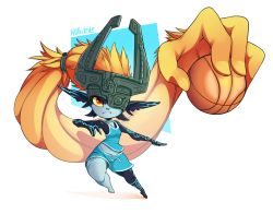 Rule 34 | 1girl, alternate costume, arm up, artist name, bare shoulders, barefoot, basketball, black skin, blue background, blue shirt, blue shorts, breasts, closed mouth, colored sclera, colored skin, fang, female focus, full body, helmet, highres, holding, huffslove, long hair, looking up, midna, midriff peek, multicolored skin, navel, nintendo, orange hair, outstretched arm, pointy ears, prehensile hair, red eyes, shiny skin, shirt, shorts, signature, simple background, sleeveless, sleeveless shirt, small breasts, solo, standing, tattoo, the legend of zelda, the legend of zelda: twilight princess, two-tone background, two-tone skin, very long hair, white skin, yellow sclera