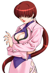 Rule 34 | 1girl, breasts, brown hair, cleavage, cleavage cutout, clothing cutout, earrings, hair over eyes, jewelry, large breasts, lipstick, long hair, makeup, nail polish, nakano tomokazu, official art, ponytail, purple nails, shermie (kof), simple background, snk, solo, the king of fighters, the king of fighters neowave, white background