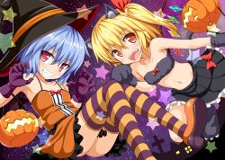 Rule 34 | 2girls, :d, animal ears, armpits, bare shoulders, blush, cat ears, claw pose, fang, flandre scarlet, gin&#039;you haru, gloves, grin, halloween, hat, jack-o&#039;-lantern, looking at viewer, midriff, miniskirt, multiple girls, navel, open mouth, orange eyes, paw pose, purple gloves, red eyes, remilia scarlet, short hair, side ponytail, skirt, smile, striped clothes, striped legwear, striped thighhighs, thighhighs, touhou, witch hat