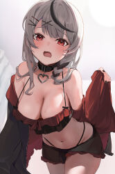 Rule 34 | 1girl, alternate costume, armpit crease, backlighting, bare shoulders, belt collar, black collar, black jacket, black nails, black theme, blunt bangs, blush, boyshort panties, braid, breasts, cleavage, clothes down, collar, commentary request, cowboy shot, dot nose, fang, from below, grey hair, hair flowing over, hair ornament, hairclip, heart collar, highres, hololive, jacket, large breasts, leaning forward, lingerie, long hair, long sleeves, looking at viewer, low-braided long hair, low-tied long hair, menomanome, midriff, multicolored hair, navel, open mouth, panties, red eyes, red theme, red trim, sakamata chloe, simple background, single braid, solo, spaghetti strap, streaked hair, string panties, sweat, two-sided fabric, underwear, undressing, virtual youtuber, white background, x hair ornament