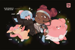 Rule 34 | 1girl, animification, apex legends, audino, black background, black eyes, black footwear, black pants, blissey, blue gloves, boots, breasts, bright pupils, cargo pants, commentary, creatures (company), crossover, detached sleeves, double bun, english commentary, english text, floating, game freak, gen 2 pokemon, gen 5 pokemon, gen 8 pokemon, gloves, hair bun, hattrem, headband, lifeline (apex legends), looking up, medium breasts, nica (robbeary), nintendo, pants, parted lips, pokemon, red eyes, red hair, red lips, smile, sparkle, white headband, white pupils