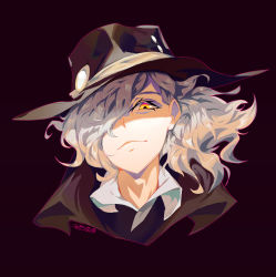 Rule 34 | 1boy, absurdres, black background, black hat, collared shirt, edmond dantes (fate), fate/grand order, fate (series), formal, hair over one eye, hat, highres, looking at viewer, male focus, medium hair, one eye covered, shirt, signature, silver hair, simple background, smile, solo, white shirt, wine poetry, wing collar, yellow eyes