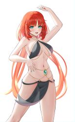 Rule 34 | 1girl, absurdres, blush, bracer, breasts, commentary, dancer, dokimaru, english commentary, genshin impact, harem outfit, highres, jewelry, long hair, looking at viewer, navel, nilou (genshin impact), open mouth, red hair, smile, solo, stomach, thighs, twintails, veil, very long hair, white background