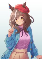 Rule 34 | 1girl, alternate costume, animal ears, blue sweater, breasts, brown hair, cabbie hat, casual, commentary, ears through headwear, hair ornament, hairclip, hat, herfstijl, highres, horse ears, long sleeves, looking at viewer, matikane tannhauser (umamusume), medium breasts, medium hair, multicolored hair, official alternate costume, pink shirt, pointing, pointing at self, shirt, simple background, smile, solo, streaked hair, sweater, umamusume, white background