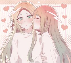 2girls blonde_hair blush closed_eyes commentary fuwa_aya gradient_hair green_eyes green_hair hand_on_another&#039;s_arm heart highres kiss kissing_cheek kousaka_0v0 long_hair long_sleeves multicolored_hair multiple_girls onna_doushi_toka_arienai_desho_to_iiharu_onnanoko_wo_hyakunichikan_de_tetteiteki_ni_otosu_yuri_no_ohanashi orange_hair parted_lips sakakibara_marika sleeves_past_wrists sweater upper_body white_sweater yuri