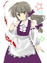 Rule 34 | 1girl, apron, arm warmers, bad id, bad pixiv id, bare shoulders, bow, child, collar, dress, eyebrows, female focus, frilled apron, frilled bow, frilled dress, frills, grey eyes, grey hair, hair bow, hakurei reimu, head tilt, if they mated, kirisame marisa, looking at viewer, natsume (menthol), natsume (pixiv), ofuda, pointing, pointing up, ponytail, purple bow, purple dress, purple ribbon, ribbon, ribbon-trimmed sleeves, ribbon trim, shirt bow, sleeveless, sleeveless dress, smile, solo, star (symbol), touhou, waist apron, white background, white bow, white collar