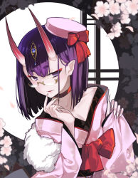 Rule 34 | 1girl, bare shoulders, bow, cherry blossoms, choker, collarbone, commentary request, fate/grand order, fate (series), fingernails, glasses, hair ornament, hat, hat bow, highres, hitoshi, horns, japanese clothes, kimono, long fingernails, long sleeves, mini hat, oni, parted lips, pinching sleeves, pink hat, purple eyes, purple hair, red bow, red choker, sharp fingernails, shuten douji (dress for demons) (fate), shuten douji (fate), skin-covered horns, smile, solo, thick eyebrows, white kimono, wide sleeves